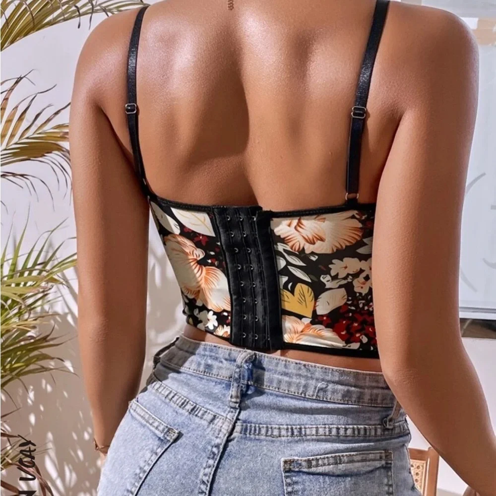 SHEIN VCAY Floral Print Eyelash Lace Trim Bustier Bra